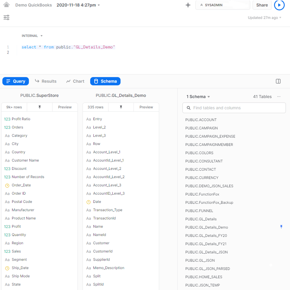 SQL query results schema