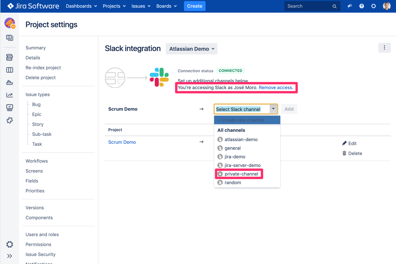 slack integration settings