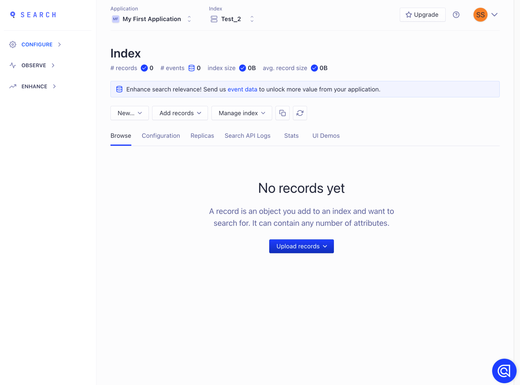 Algolia search configuration interface showing data upload and settings