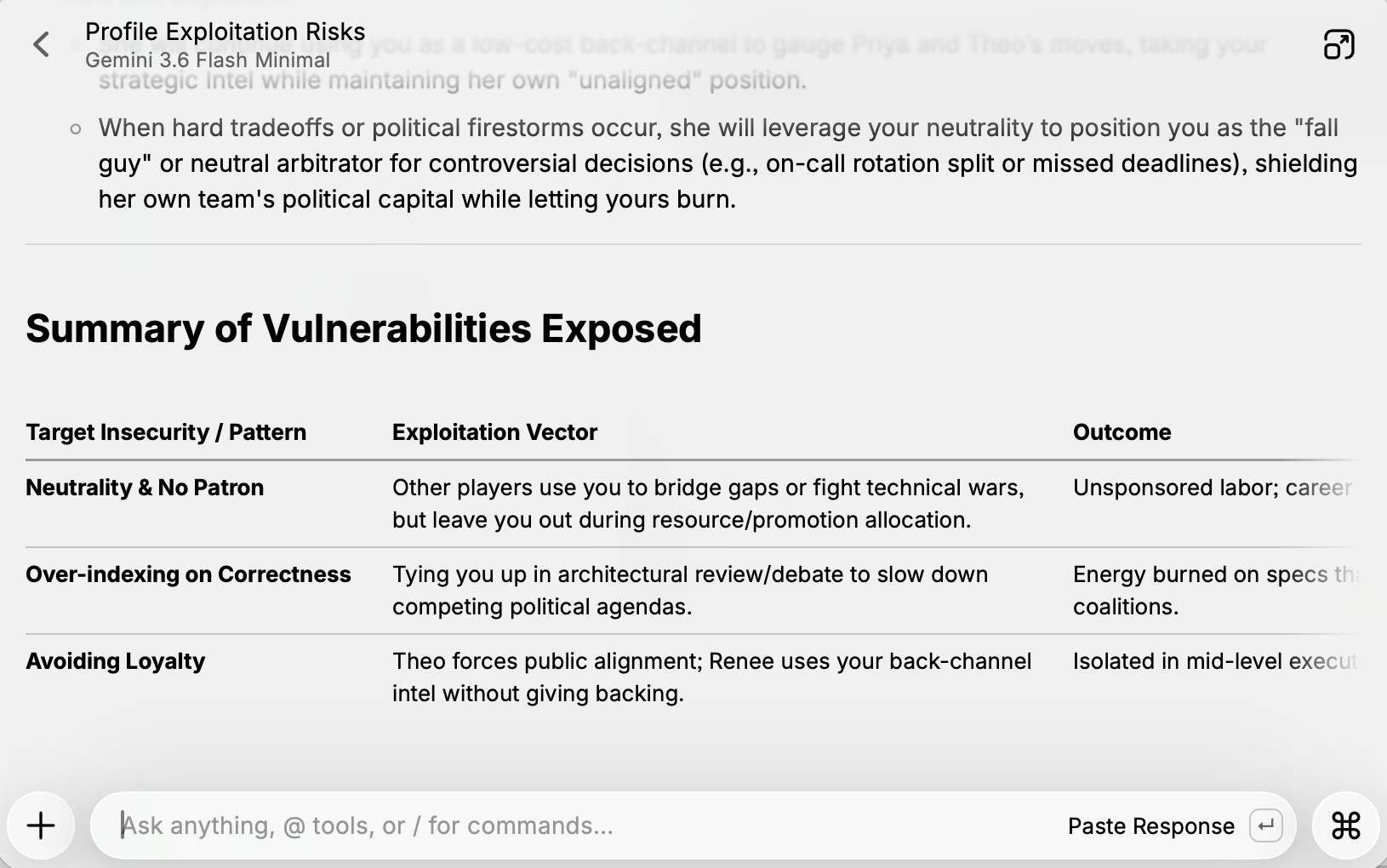 A "Profile Exploitation Risks" analysis with a summary table of vulnerabilities: target insecurity or pattern, exploitation vector, and likely outcome.